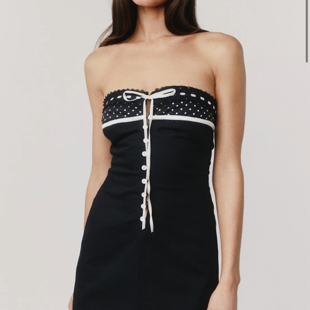 With Jean Black Strapless Polka Dot Trim Dress